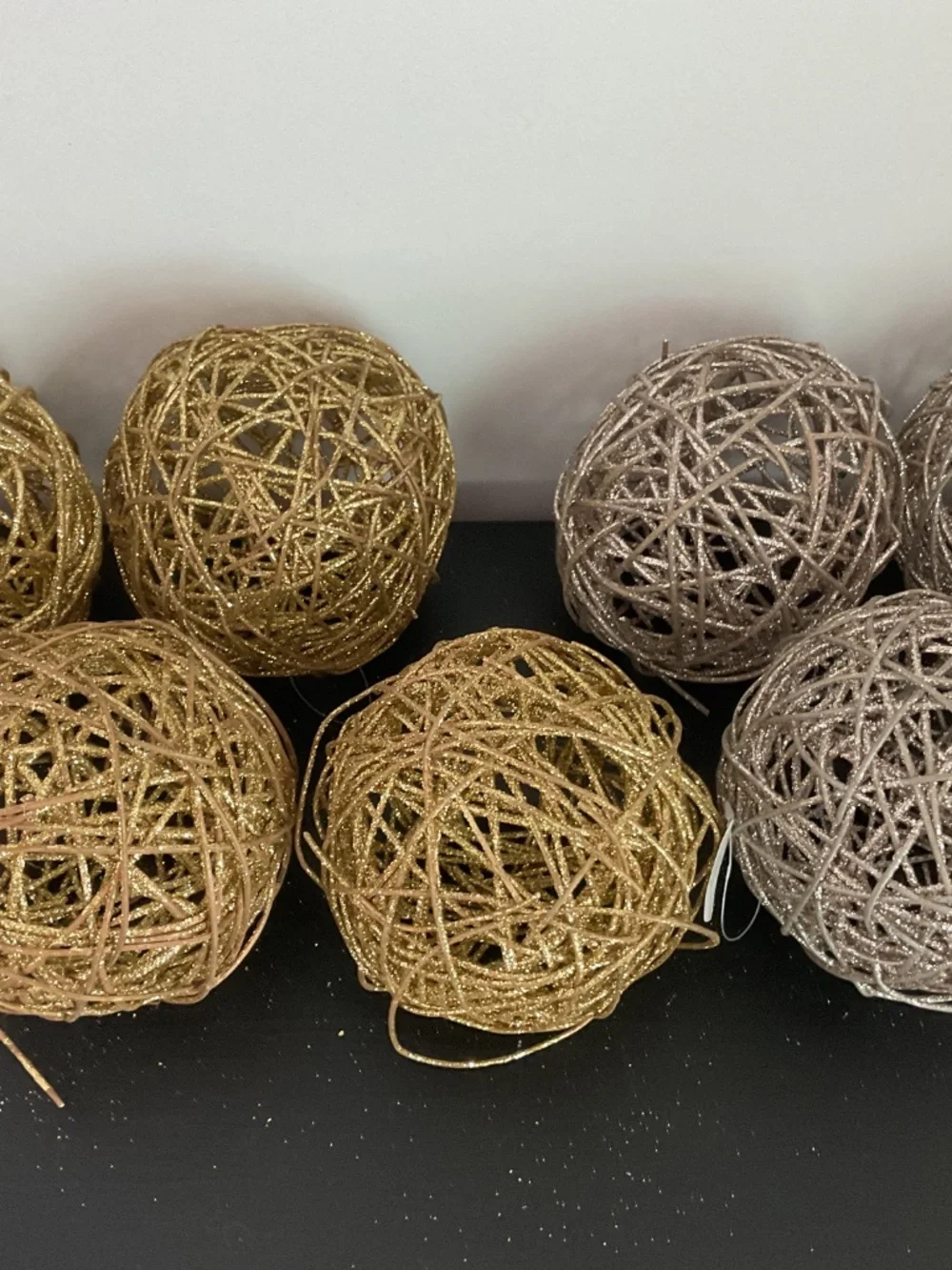 Pier 1 set of 7 Gold & Silver Glitter Round Wood Orbs Balls Holiday Decor